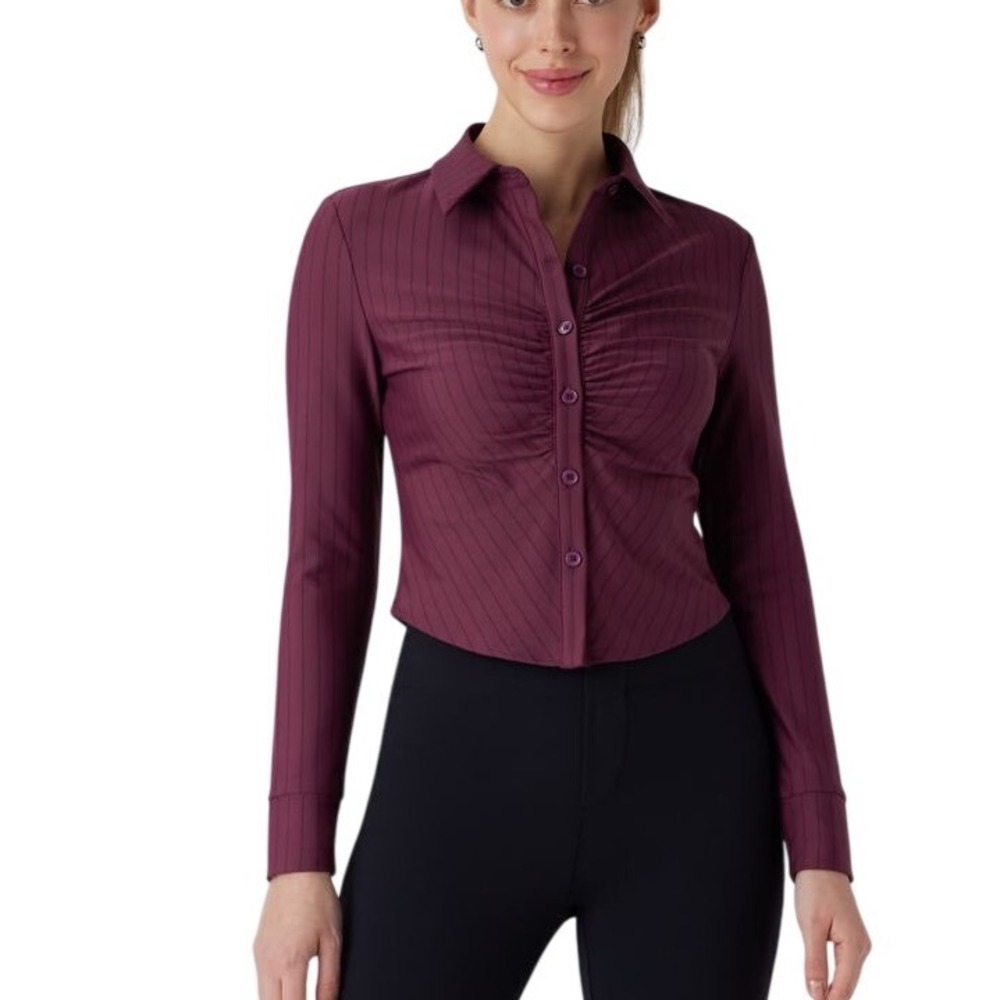 Halara Ruched Long Sleeve Curved Hem Stripe InstantCool Work Shirt, Size XL, NWT - Picture 2 of 11